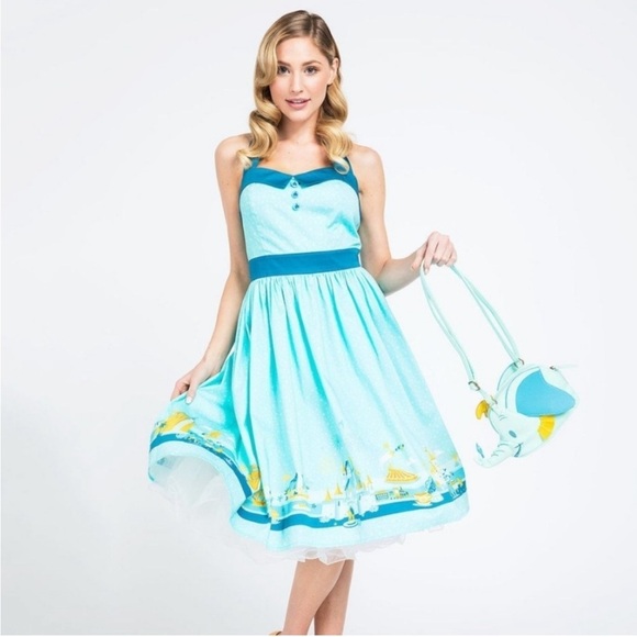 Disney Parks Magic Kingdom Retro Pin-up Rockabilly Midi Dress Aqua Blue Size S - Picture 1 of 16